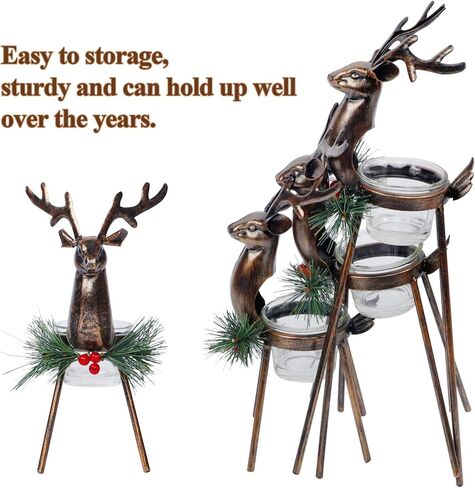 Juegoal Set of 3 Reindeer Tealight Candle Holders, Standing Iron Metal Christmas Decorations, Glass Votive Candle Holder, Durable and Rust-Proof Holiday Tabletop Centerpiece and Display in Saudi Arabia
