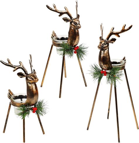 Juegoal Set of 3 Reindeer Tealight Candle Holders, Standing Iron Metal Christmas Decorations, Glass Votive Candle Holder, Durable and Rust-Proof Holiday Tabletop Centerpiece and Display in Saudi Arabia