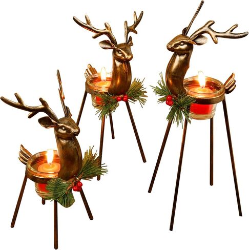 Juegoal Set of 3 Reindeer Tealight Candle Holders, Standing Iron Metal Christmas Decorations, Glass Votive Candle Holder, Durable and Rust-Proof Holiday Tabletop Centerpiece and Display in Saudi Arabia