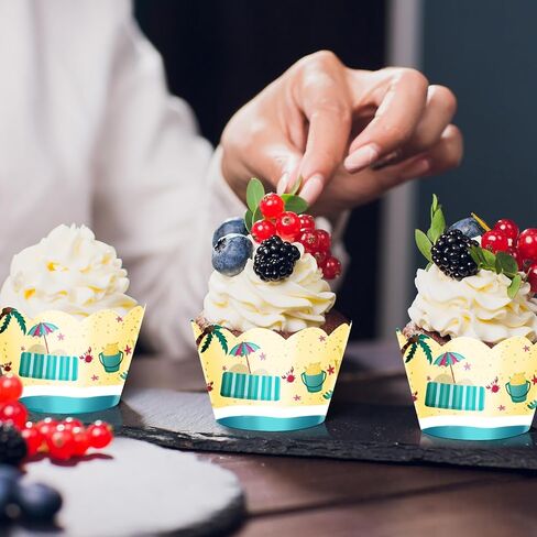 24pcs Dessert Cupcake Wrappers Pick for Ice Cream Hot Summer Hawaii Beach Theme Decor Supplies Baby Shower Girls Boys Happy Birthday Party Decorations in Saudi Arabia