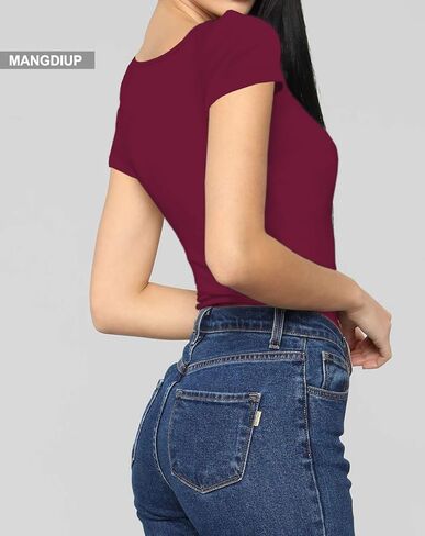 بدلة للجسم من MANGDIUP للنساء بأكمام قصيرة ورقبة على شكل حرف V كاجوال قابلة للتمدد أساسية (عنابي - L) in Kuwait
