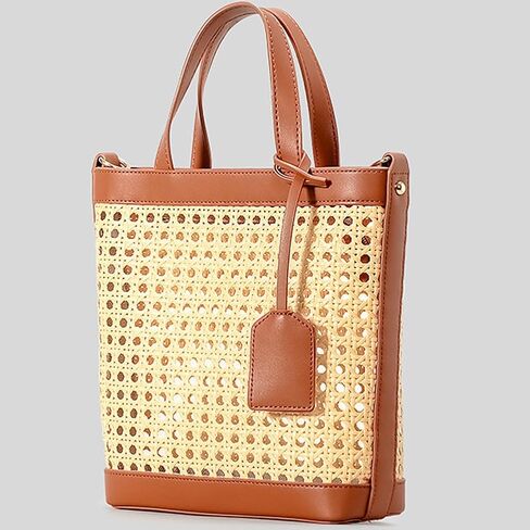 حقيبة راتان منسوجة للنساء من جلد البولي يوريثان المثقوب حقيبة يد صيفية بمقبض علوي برباط in Kuwait