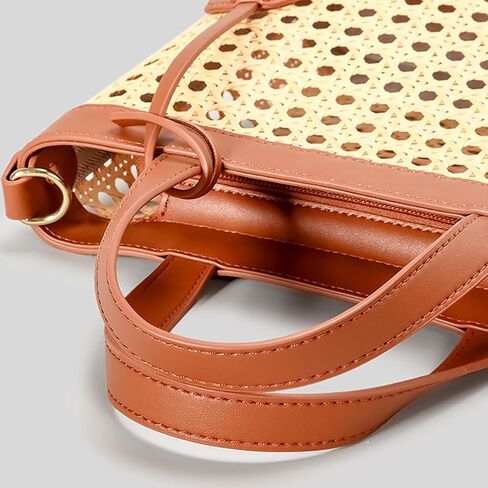 حقيبة راتان منسوجة للنساء من جلد البولي يوريثان المثقوب حقيبة يد صيفية بمقبض علوي برباط in Kuwait