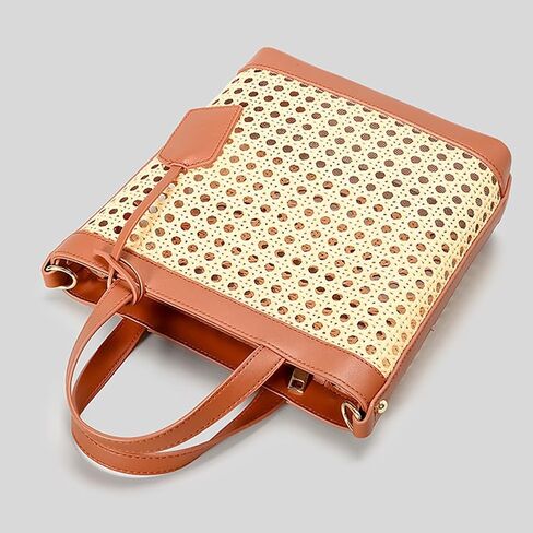حقيبة راتان منسوجة للنساء من جلد البولي يوريثان المثقوب حقيبة يد صيفية بمقبض علوي برباط in Kuwait