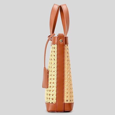 حقيبة راتان منسوجة للنساء من جلد البولي يوريثان المثقوب حقيبة يد صيفية بمقبض علوي برباط in Kuwait