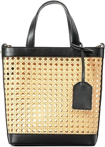 حقيبة راتان منسوجة للنساء من جلد البولي يوريثان المثقوب حقيبة يد صيفية بمقبض علوي برباط in Kuwait