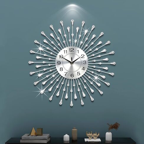FLEBLE Large Wall Clocks for Living Room Decor Modern Silent Wall Clock Battery Operated Non-Ticking for Bedroom Kitchen Office Home Decoration 20 Inch Silver Drop Crystal Wall Watch for Indoor in Saudi Arabia