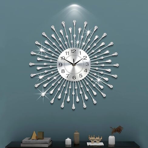 FLEBLE Large Wall Clocks for Living Room Decor Modern Silent Wall Clock Battery Operated Non-Ticking for Bedroom Kitchen Office Home Decoration 20 Inch Silver Drop Crystal Wall Watch for Indoor in Saudi Arabia