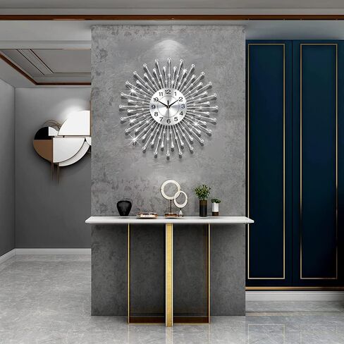 FLEBLE Large Wall Clocks for Living Room Decor Modern Silent Wall Clock Battery Operated Non-Ticking for Bedroom Kitchen Office Home Decoration 20 Inch Silver Drop Crystal Wall Watch for Indoor in Saudi Arabia