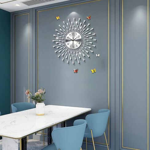 FLEBLE Large Wall Clocks for Living Room Decor Modern Silent Wall Clock Battery Operated Non-Ticking for Bedroom Kitchen Office Home Decoration 20 Inch Silver Drop Crystal Wall Watch for Indoor in Saudi Arabia