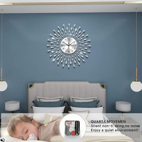 FLEBLE Large Wall Clocks for Living Room Decor Modern Silent Wall Clock Battery Operated Non-Ticking for Bedroom Kitchen Office Home Decoration 20 Inch Silver Drop Crystal Wall Watch for Indoor in Saudi Arabia