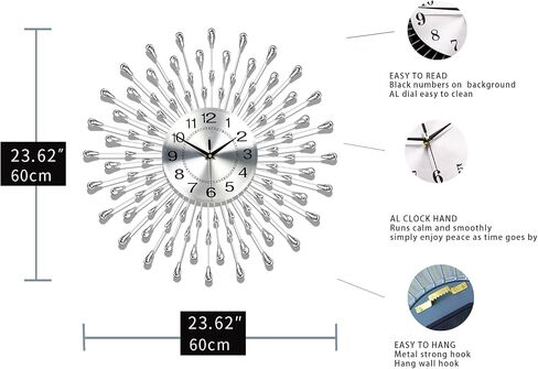 FLEBLE Large Wall Clocks for Living Room Decor Modern Silent Wall Clock Battery Operated Non-Ticking for Bedroom Kitchen Office Home Decoration 20 Inch Silver Drop Crystal Wall Watch for Indoor in Saudi Arabia