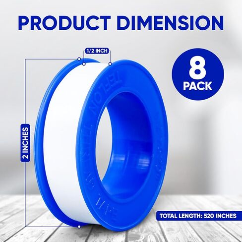 شريط سباكين، 8 لفات شريط تيفلون 1/2 بوصة (عرض) × 520 بوصة (طول)، شريط سباكة مانع للتسرب، شريط سباكة تيفلون PTFE، شريط أنابيب قوي لرأس الدش، شريط خيط سميك in Kuwait