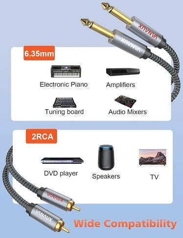 كابل RCA إلى 1/4، كابل ستيريو مزدوج 1/4 بوصة إلى ثنائي RCA، قابس هاتف أحادي 2x6.35 مم ذكر إلى 2RCA ذكر كابل توصيل صوتي مطلي بالذهب لمضخم صوت الميكروفون (3.3 قدم/1 متر) in Kuwait