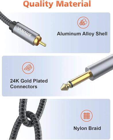 كابل RCA إلى 1/4، كابل ستيريو مزدوج 1/4 بوصة إلى ثنائي RCA، قابس هاتف أحادي 2x6.35 مم ذكر إلى 2RCA ذكر كابل توصيل صوتي مطلي بالذهب لمضخم صوت الميكروفون (3.3 قدم/1 متر) in Kuwait