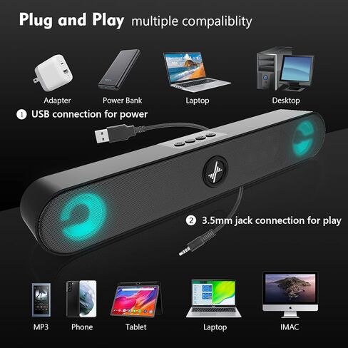 سماعات كمبيوتر LENRUE، سماعات كمبيوتر تعمل بمنفذ USB، كمبيوتر مكتبي بمدخل AUX بقدرة 10 وات مع صوت ستيريو وأضواء in Kuwait