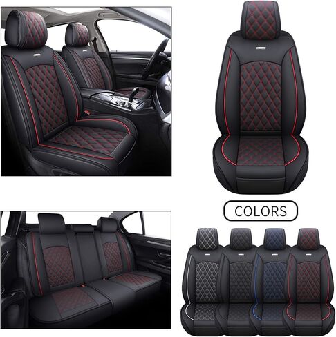 أغطية مقاعد السيارة YIERTAI ملائمة عالميًا متوافقة مع وسائد شاحنة Ford Escape Edge Versa Fiesta Highlander Maxima Sorento Rogue مع جلد صناعي مقاوم للماء، مجموعة كاملة، أسود-أحمر in Kuwait