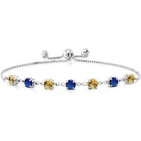 Gem Stone King 925 Sterling Silver Round Yellow Citrine and Blue Created Sapphire Tennis Bracelet For Women (2.33 Cttw, Gemstone November Birthstone, Round 4.5MM, Fully Adjustable Up to 9 Inch)