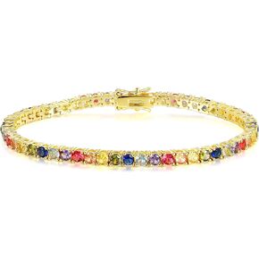 Gemsme 3.0mm Colored Cubic Zirconia Tennis Bracelet for Women, 3mm 18K Yellow Gold Plated Cubic Zirconia Rainbow Tennis Link Bracelet