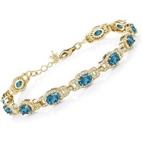 Gem Stone King 18K Yellow Gold Plated Silver Oval London Blue Topaz Tennis Bracelet For Women (10.20 Cttw, Gemstone Birthstone, 7 Inch With 1 Inch Extender)
