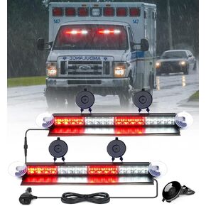 Xprite 32 LED Windshield Strobe Flashing Dual Lightbar w/Suction Cups Dash Police Hazard Security Responding Traffic Lights Bar for Emergency Volunteer Fire Patrol POV Vehicles Trucks White Blue