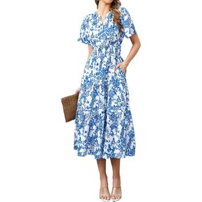 KUTUMAI Women Summer Floral Midi Dress 2024 Casual Short Sleeve V Neck Tiered Ruffle Flowy Boho Dresses with Pockets