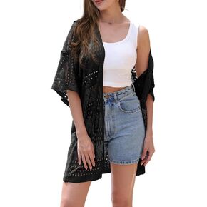 Lightweight Summer Crochet Cardigan for Women Short Sleeve Beach Casual Outwear Cover Up Open Front Knitted Cardigan