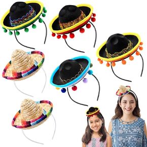 Camlinbo 6 Pack Sombrero Hats, Mexican Sombrero Headband Fabric Straw Hat for Fiesta Mexican Theme Party Favors