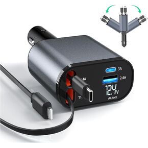 AYNTECH Retractable Car Charger, 4 in 1 Fast Charge Car Phone Charger Adapter 100W, Retractable Cables(2.6ft) for iPhone & Type-C, Cigarette Lighter Adapter for iPhone15/14/13 Pro Max, Galaxy, Pixel