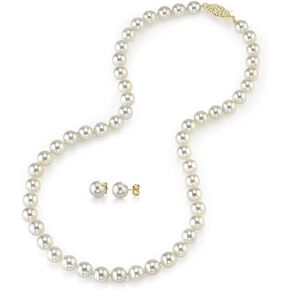 The Pearl Source 14K Gold Round White Akoya Cultured Pearl Necklace & Earrings Set in 18" Princess Length for Women