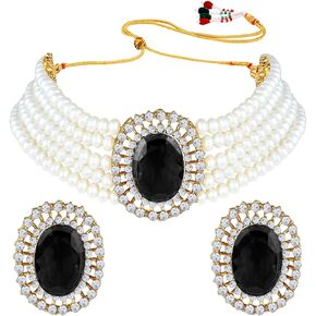 I Jewels Gold Plated Indian Wedding Bollywood Green Stone Studded Pearl Choker Necklace Jewellery Set For Women/Girls (ML316)