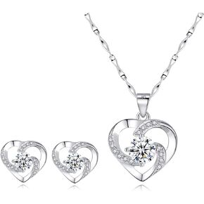 Jewelry Set for women, 925 Sterling Silver Stud Earrings, Love Pendant Necklace with White/Purple/Blue Cubic Zirconia for Girlfriend , Best valentines-day Gift Mother's Day Mom Gifts from Daughter Son