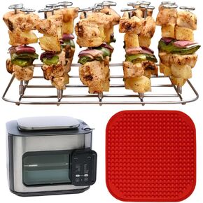 INFRAOVENS Air Fryer Rack for Chefman Multifunctional Digital Air Fryer XL 10 L, Stainless Steel Accessories for RJ38-1 Airfryer Skewer Stand and Rib BBQ Rack with Silicone Liner