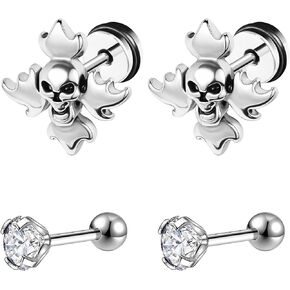 6ixGosh 2 Pairs Punk Gothic Stainless Steel Stud Skull Earrings for Women Mens Bone Skeleton Rock Ear Piercing Earrings CZ Stud Earrings
