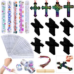 Frienda 100 Pcs Religious DIY Crafts Kits, Bible Verse Slap Bracelet Cross Scratch Ornaments Jesus Blank Slap Bands Rainbow Craft Bookmark for Kid Christian Gift Sunday School Classroom Decor Supplies