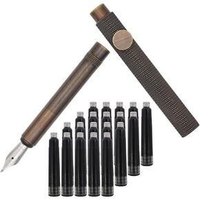 Brass Stripes Calligraphy Pen (85mm) Short Paragraph Pocket Mini Travel Pen with 20 Pcs Black Ink Cartridges