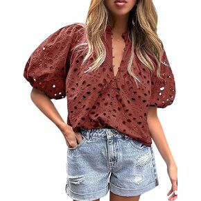 Yimoon Women's Eyelet Tops Puff Sleeve Tops Embroidered Dressy Casual White Blouse Hollow Out V Neck Top Button Down Shirts