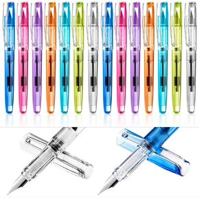 16 Pieces Fountain Pen Refillable Disposable Fountain Pens for Writing Fine Nib Signature Ink Pen Piston Filling Pen for Calligraphy Painting, Drawing, School, Scrapbook and Sketch(Clear Color)