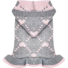 Cute Dog Sweater Soft Warm Fall Winter Female Dog Cat Clothes with Leash Hole Pink Hearts Hooded Valentines Puppy Sweater Dress for Small Dogs Girl Chihuahua Outfits Pug Costume(Grey,M)