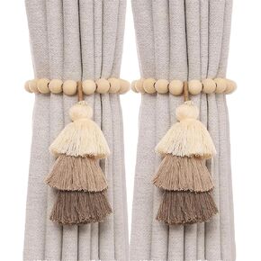 FengFaer 2pcs Wooden Bead Curtain Tiebacks，Magnetic Curtain Tiebacks，Boho Curtain Tiebacks，Farmhouse Curtain Tiebacks，Curtain Tie Backs for Home Wall Holiday Decoration (Coffee)