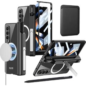 حافظة لهاتف Samsung Z Fold 4 Magsafe - مع إصدار S Pen Fold Edition - وحامل بطاقة، مفصلات تحمي حامل القلم المدمج، مع واقي شاشة وحامل، حافظة حافة سوداء شفافة لهاتف Galaxy Z Fold 4