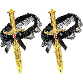 Lanxitown 2 Pcs Pirate Sword with Lace Bow Leg Ring Womens Pirate Costume Scabbard Toy Sword with Thigh Garter Pirate Costume Women Pirate Accessories Gold