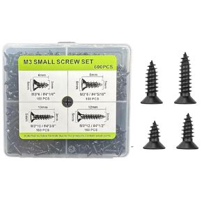 480pcs Wood Screws Assortment Kit, M3 M4 Small Screws Set, Phillips Drive Flat Head Self Tapping Screw, Cabinet Screws, Black Wood Screws, 8 Sizes Short Screws Fasteners with 30pcs Screws Anchorss