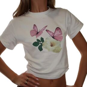 Women Cute Graphic Baby Tee Y2k E Girl Short Sleeve Crop Top Slim Fit Printed Tshirts Vintage Aesthetic Streetwear