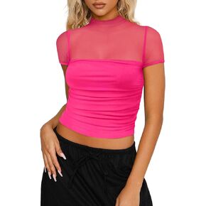 REORIA Women’s Sexy Sheer Mesh Ruched Mock Turtleneck Short Sleeve Going Out Shirts Crop Tops