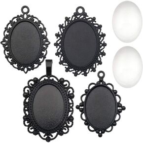 All 32pcs(16 Sets) 18x25mm Enamel Black Oval Blank Bezel Pendant Trays Base Cabochon Settings Trays Pendant Blanks for Jewelry Making DIY Findings (M181)