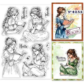 GLOBLELAND Reading Lady Clear Stamps for Cards Making Vintage Lady Clear Stamp Seals Transparent Stamps for DIY Scrapbooking Photo Album Journal Home Decoration
