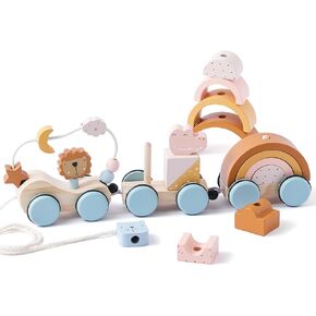 Wooden Train Toys Set Wooden Stacking Train for Toddler Animal Train Toy Montessori Toys for 1 2 3 Boy Girl Christmas Birthday Gift