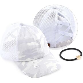 C.C Exclusives Washed Distressed Cotton Denim Criss-Cross Ponytail Hat Baseball Cap Bundle Hair Tie (BT-783) (A Elastic Band-White/Camo)