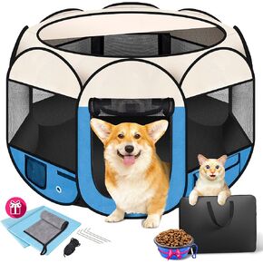 45" Foldable Pet Playpen for Large Dogs, HOMAGICO Pet Playpen for Indoor Cats Enclosed, Portable Dog Playpen Outdoor Tent Crate with Carrying Case, Water-Resistant and Removable Shade Cover, Blue